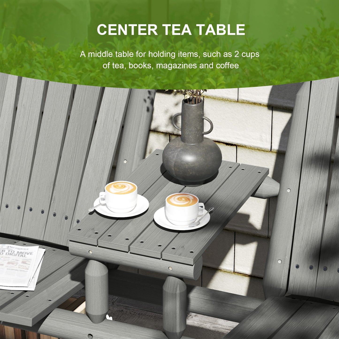 Wood Patio Chair Bench 2 Seats w/ Centre Coffee Table, Garden Bench, Grey
