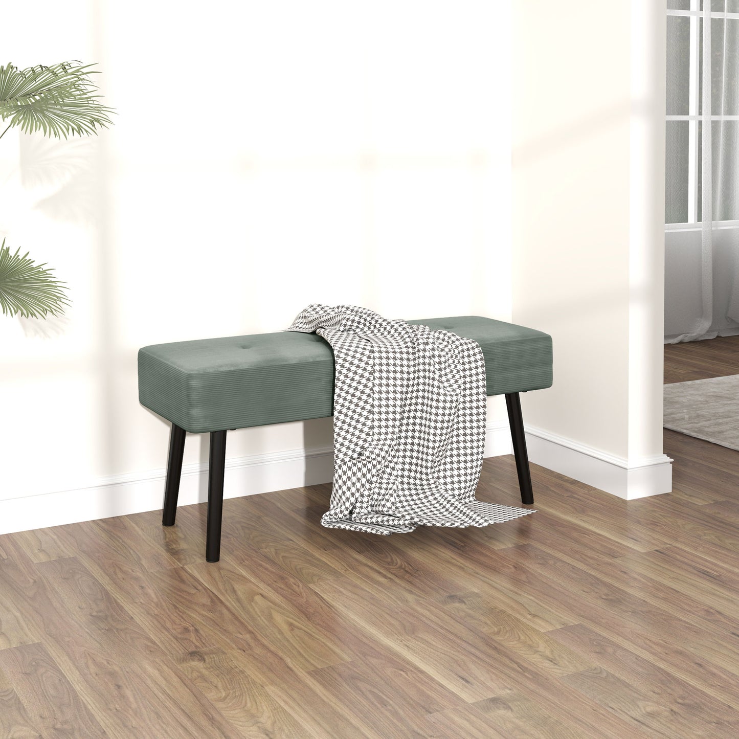 End of Bed Bench, Corduroy Bedroom Bench with Thick Padding and Steel Legs, Tufted Window Seat for Entryway, Living Room