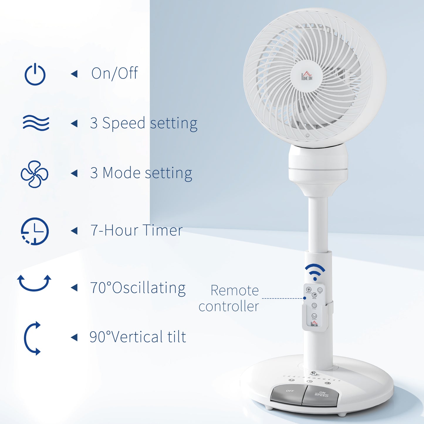 Standing Fan for Bedroom, 28" Pedestal Fan with Remote, 70° Oscillating, 90° Vertical Tilt, 3 Speeds, Adjustable Height