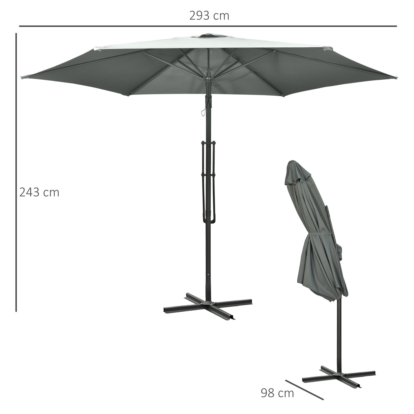 3m Cantilever Parasol with Easy Lever, Patio Umbrella with Crank Handle, Cross Base and 6 Metal Ribs