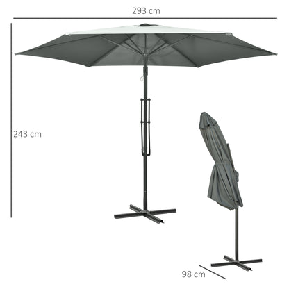 3m Cantilever Parasol with Easy Lever, Patio Umbrella with Crank Handle, Cross Base and 6 Metal Ribs