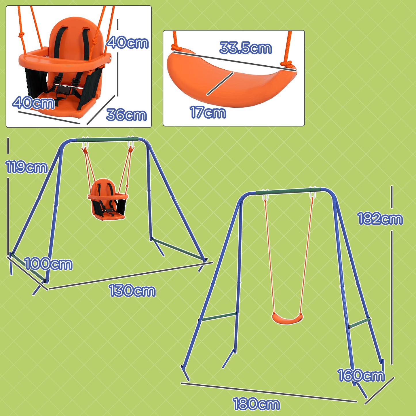 Two-In-One Toddler Garden Swing, with Comfortable Seat, Safety Belt - Orange and Blue