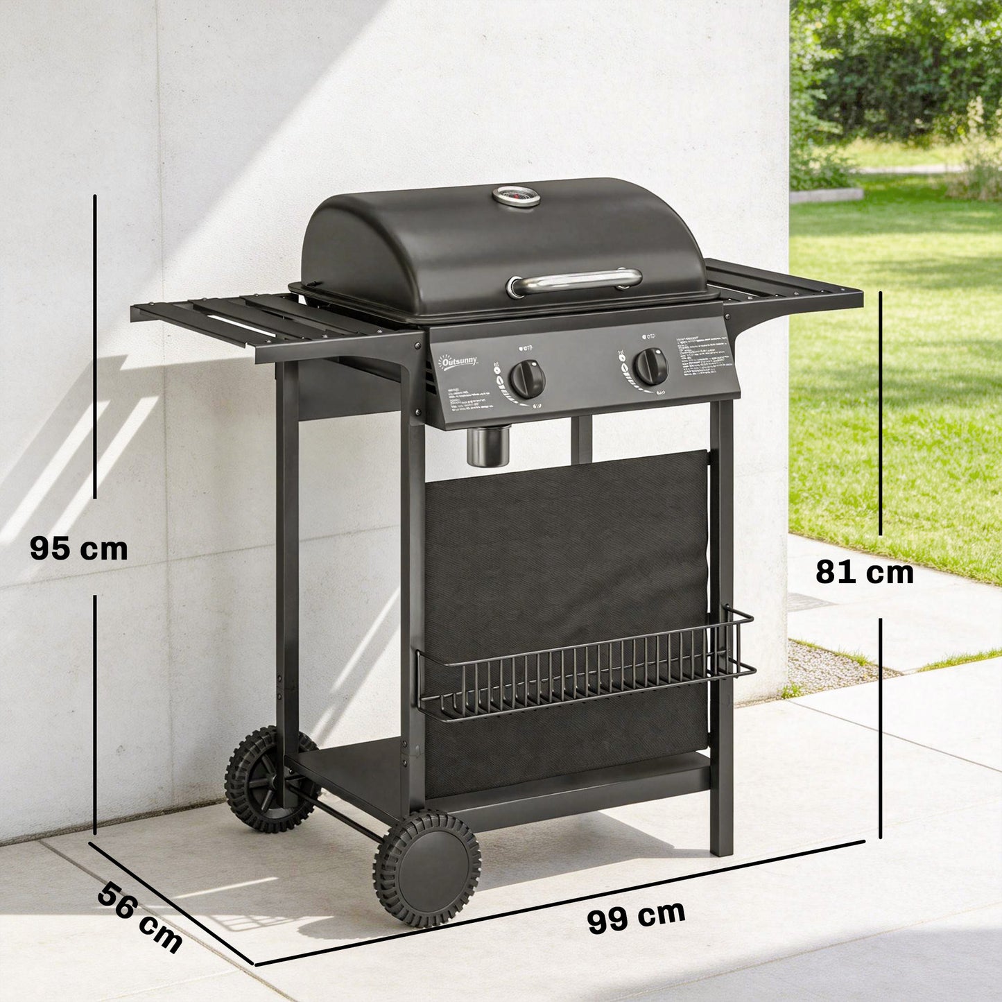 Gas Burner Barbecue Grill, 2 Burner Gas Grill with Side Tables, Warming Rack, Shelf, Thermometer, Grease Tray, Black