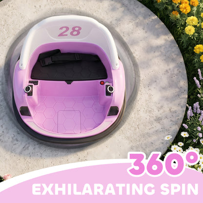 360° Rotation Kids Bumper Car, 12V Waltz Car with Remote Control, Dual Joystick, Music, Lights, Pink