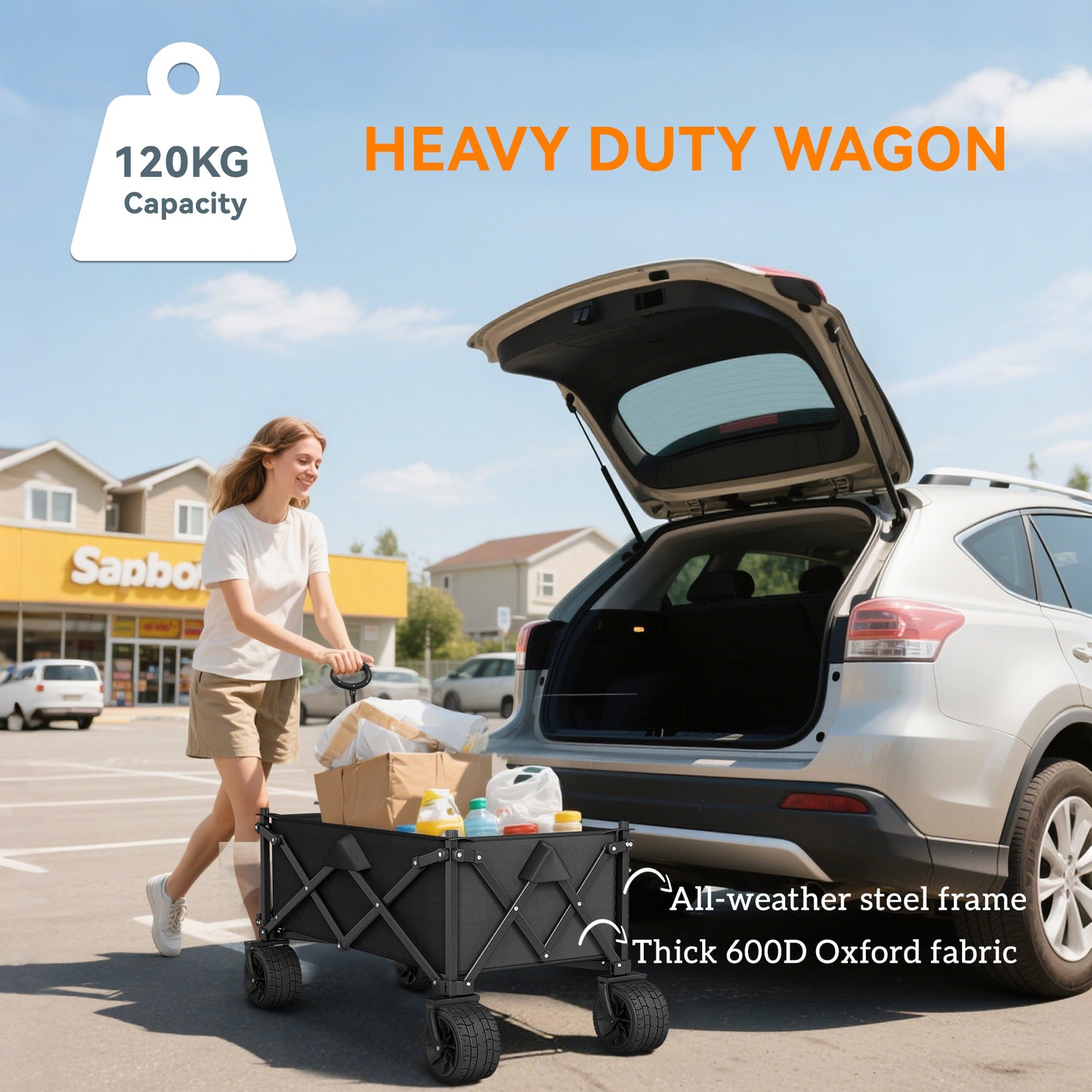 Folding Garden Trolley, Outdoor Wagon Cart with Carry Bag, for Beach, Camping, Festival, 120KG Capacity, Black
