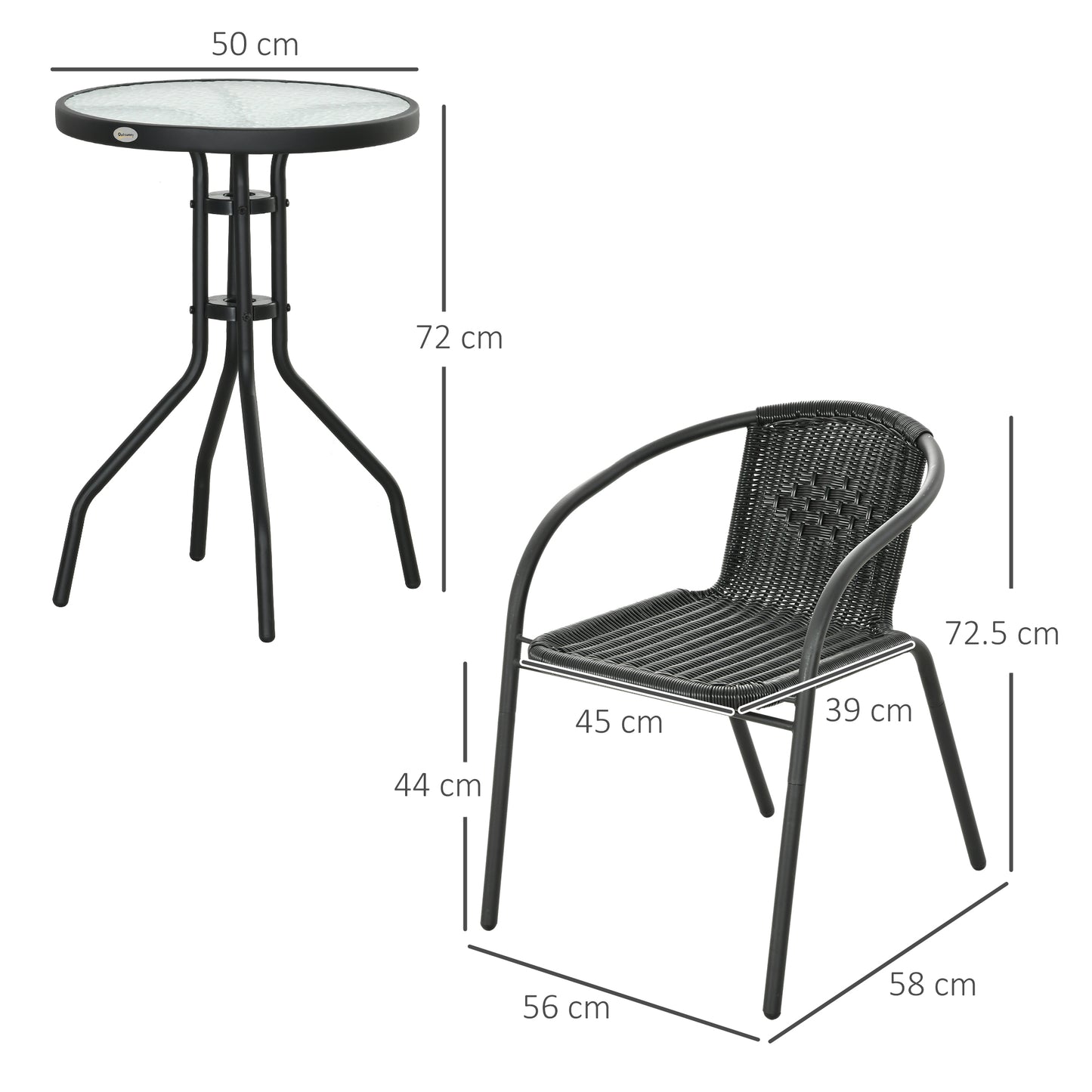 3 Pieces Rattan Bistro Set - Black