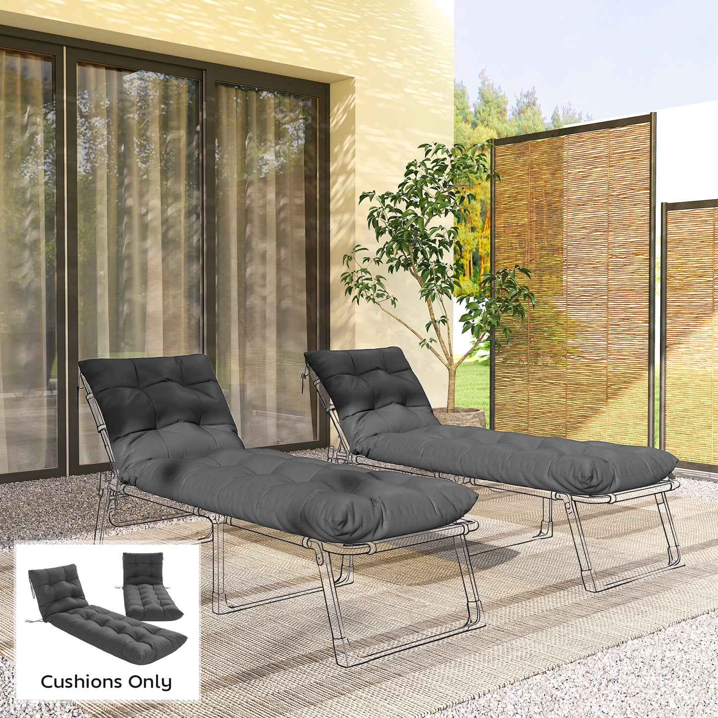 Sun Lounger Cushions Only, Garden Lounge Chair Cushions Set of 2, Sunbed Replacement Pads with 4 Ties, Dark Grey