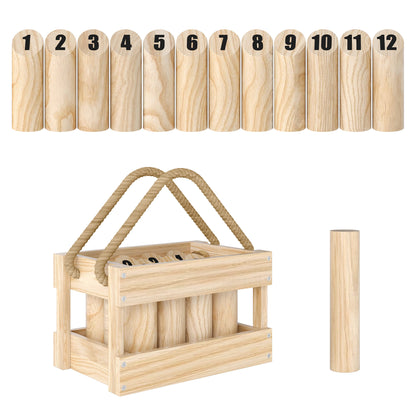 Wooden Scatter Game Set, Numbered Skittles Throwing Game with 12 Skittles, 1 Throwing Pin and Carrying Box