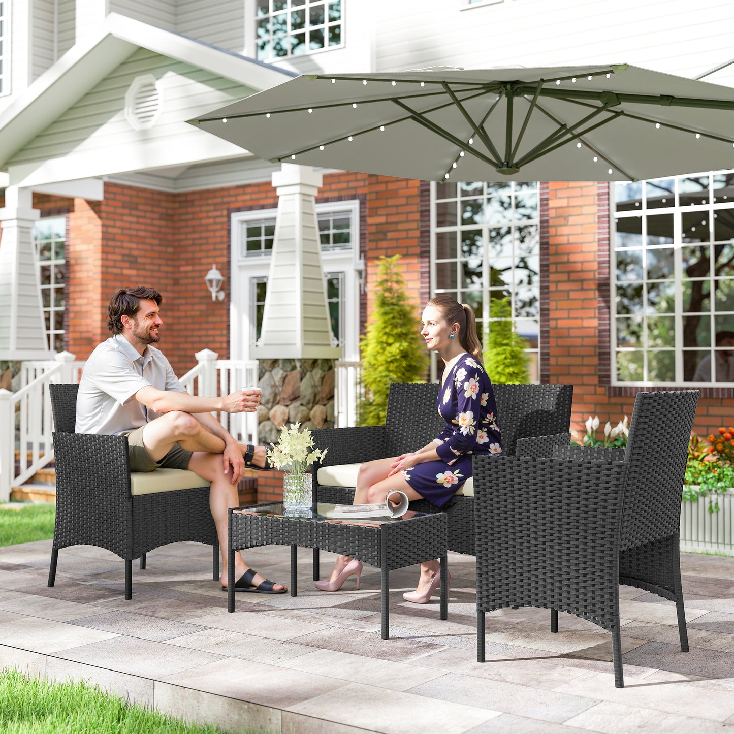 4 Piece Rattan Garden Furniture Sofa Set with Loveseat, Armchairs, Glass-Top Coffee Table and Cushions, Cream White