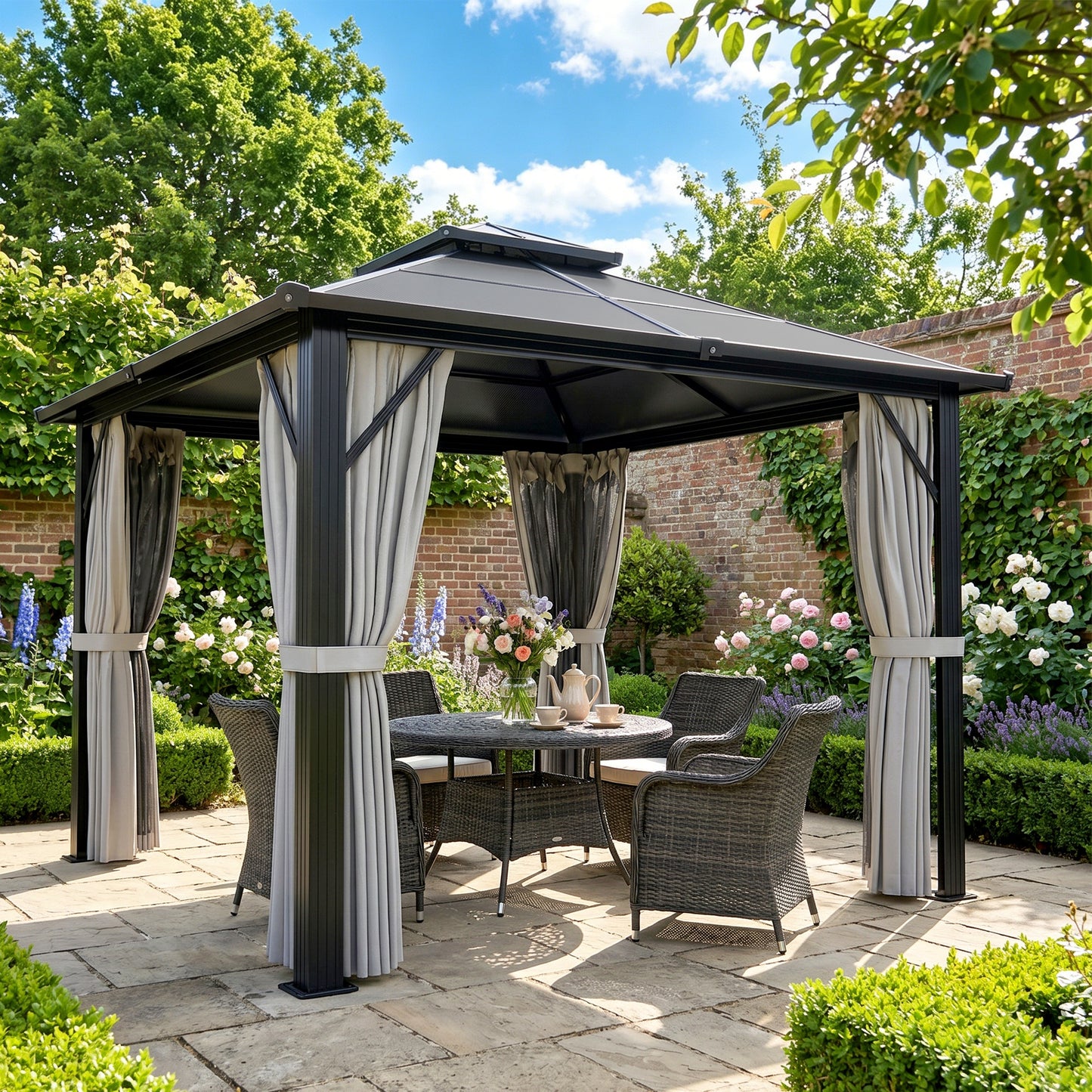 3 x 3(m) Hardtop Gazebo Canopy with UPF30+ Double Polycarbonate Roof, Aluminium Frame Garden Gazebo Permanent Pavilion