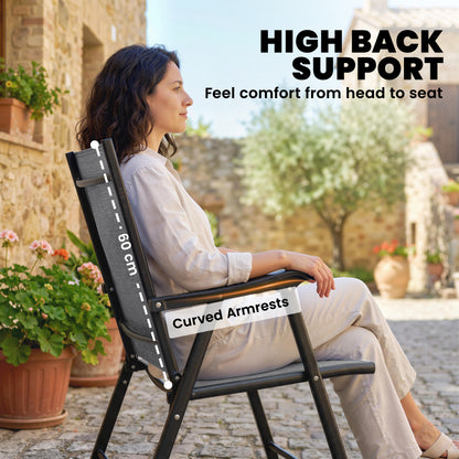Folding Garden Chairs Set of 4, Foldable Garden Dining Chairs with High Back, Armrests, Texteline Seat, Light Grey