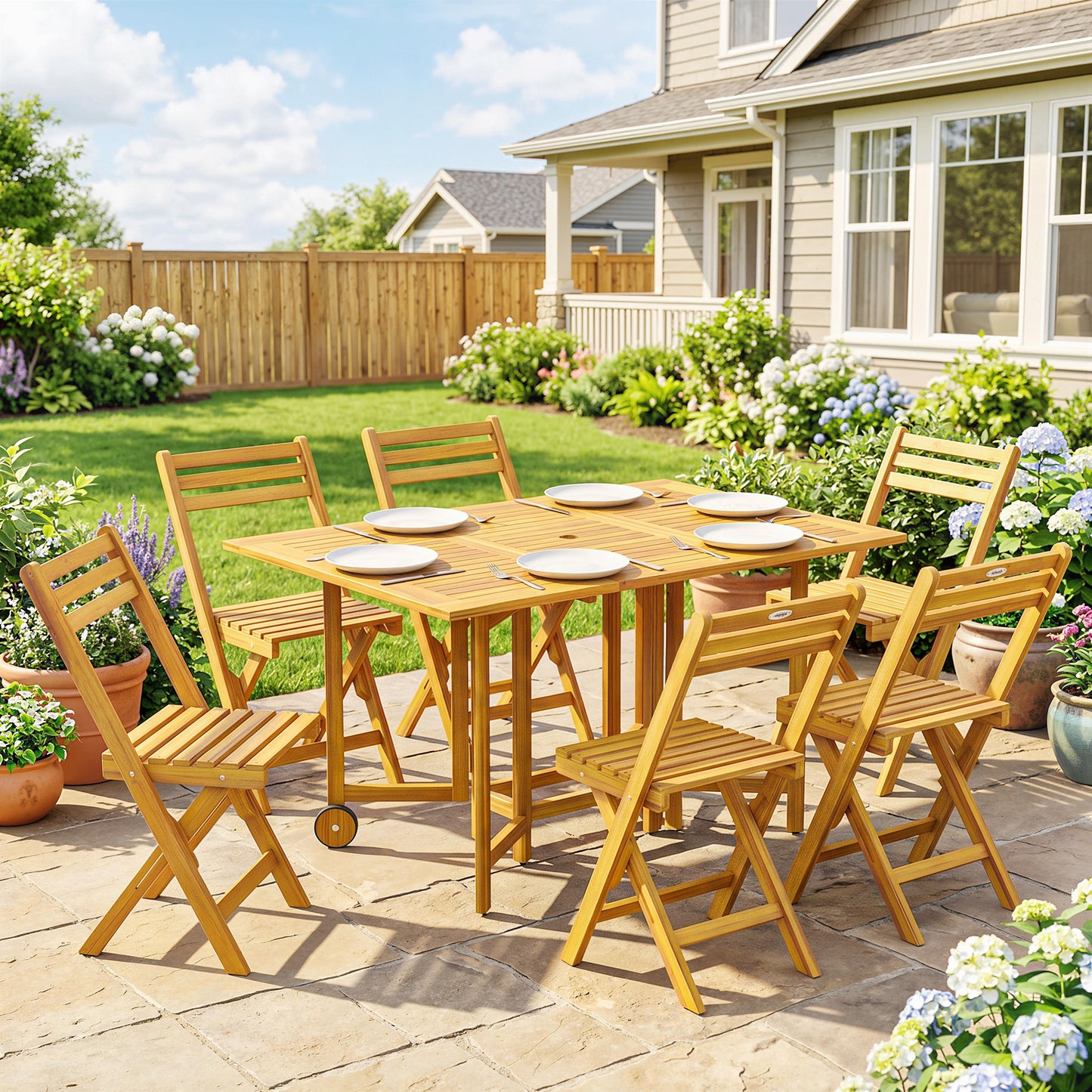 7 Pieces Garden Dining Set, Extending Dining Table and 6 Folding Chairs with Umbrella Hole for Patio, Natural Wood