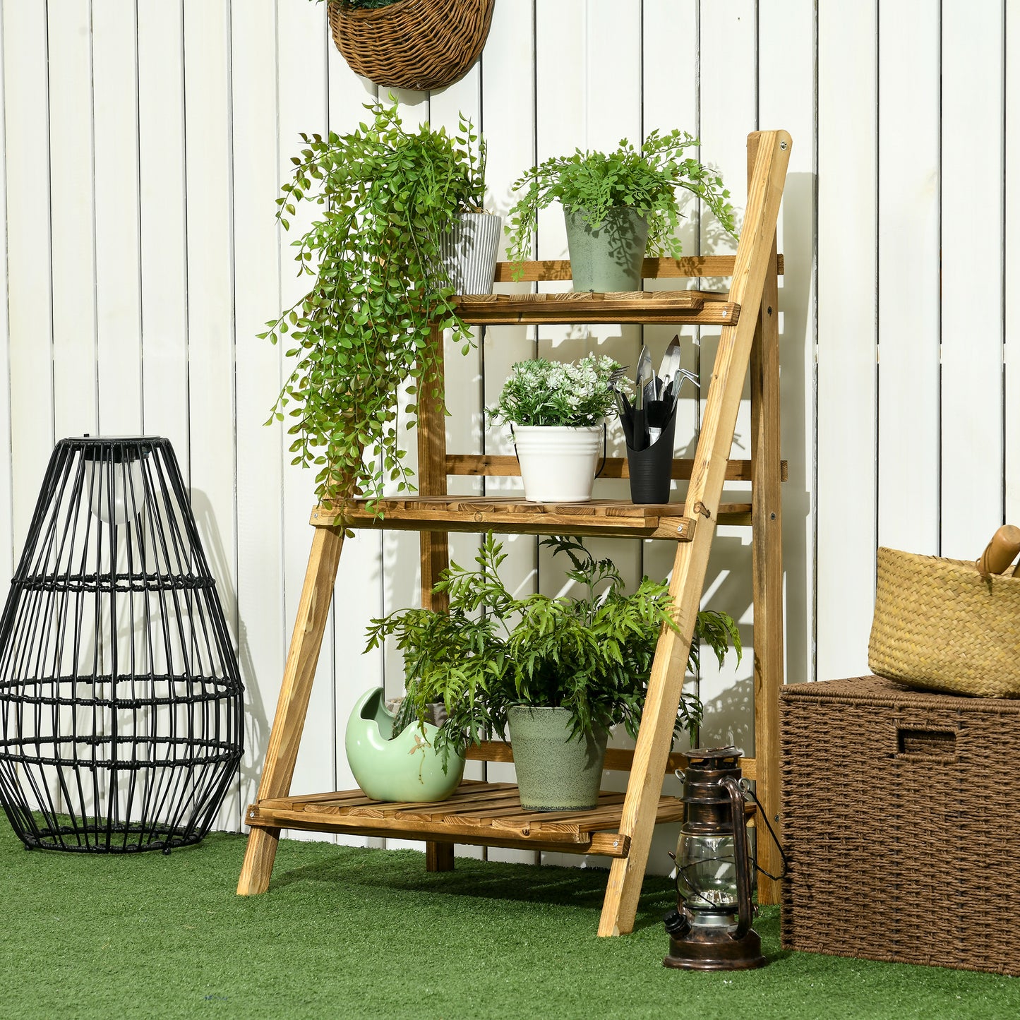 Wooden Folding Flower Pot Stand 3 Tier Garden Planter Display Ladder Gardener Storage Shelves Rack Herb Holder (60L x 37W x 9