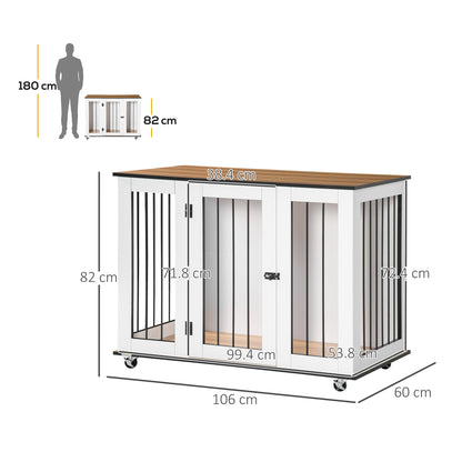 Dog Crate Furniture, Dog Cage End Table, with Wheels, for Large Dogs, 106 x 60 x 82 cm - White