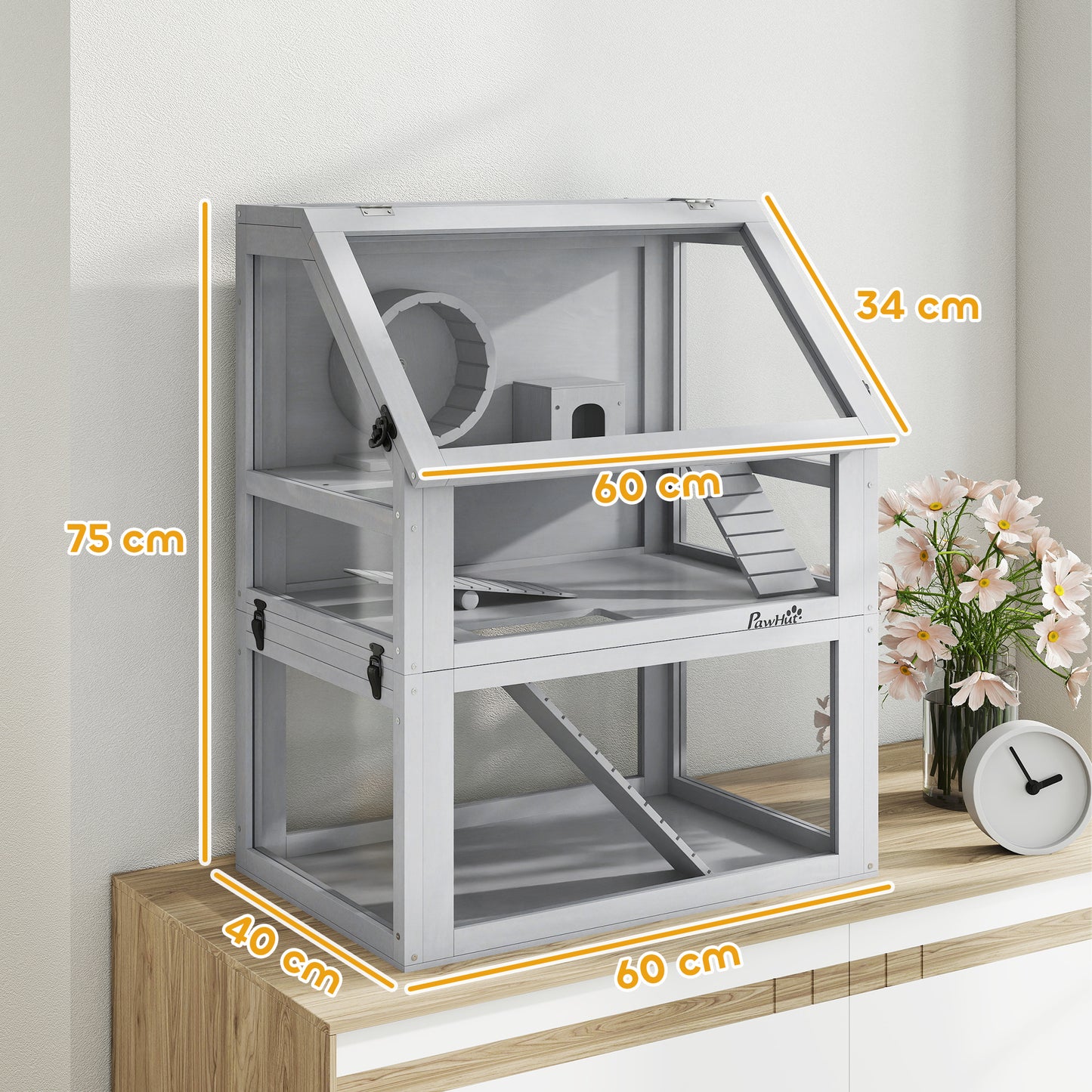 Wooden Hamster Cage with Detachable 32cm Deep Bottom, Hut, Seesaw, Exercise Wheel, Ramp, 60 x 40 x 75cm, Light Grey