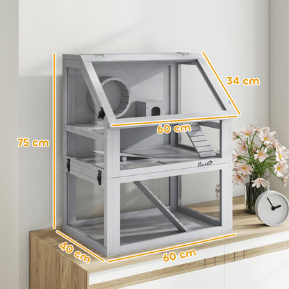 Wooden Hamster Cage with Detachable 32cm Deep Bottom, Hut, Seesaw, Exercise Wheel, Ramp, 60 x 40 x 75cm, Light Grey