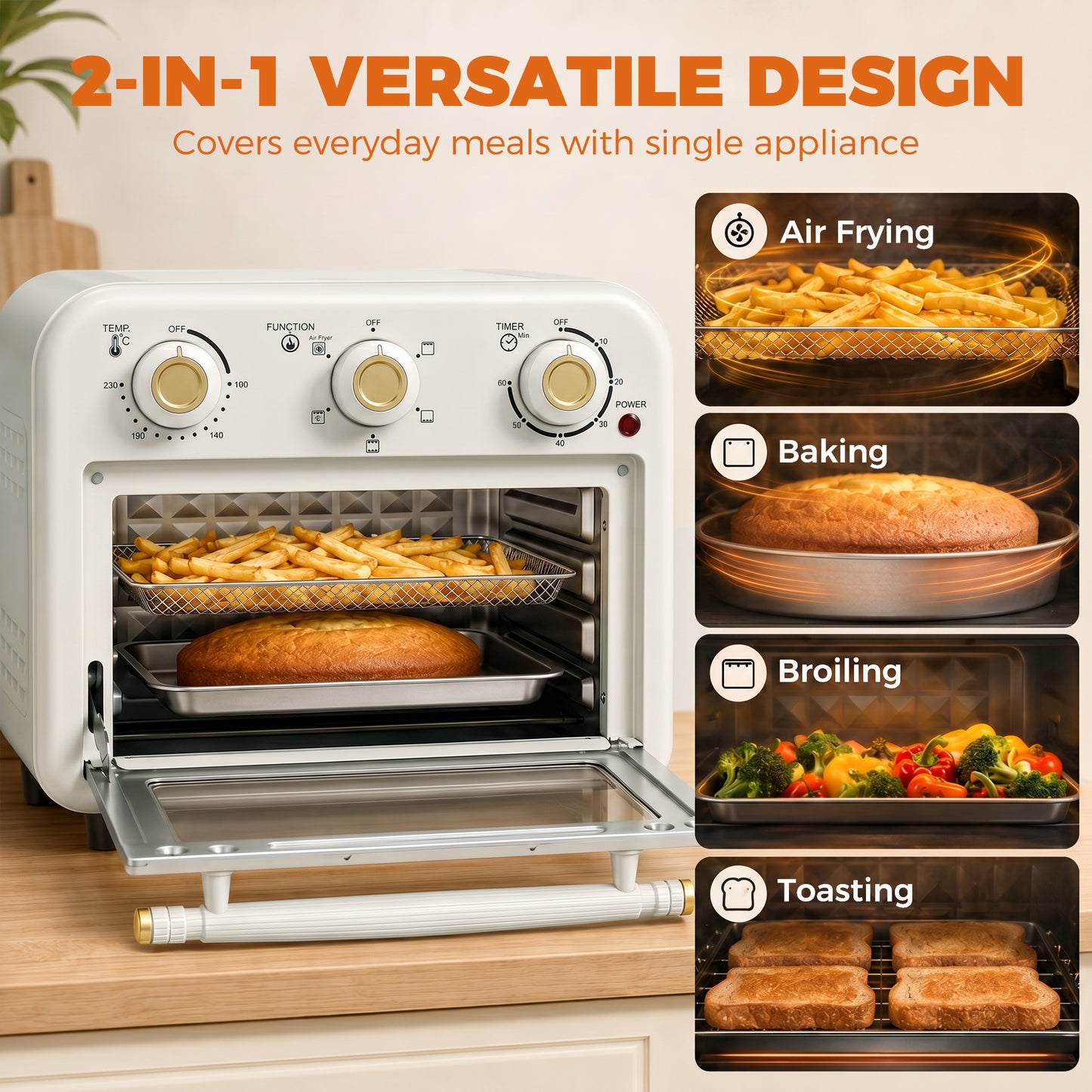 Air Fryer Toaster Oven, Convection Countertop Oven, with Adjustable Temperature and Timer, 12 L, Cream White