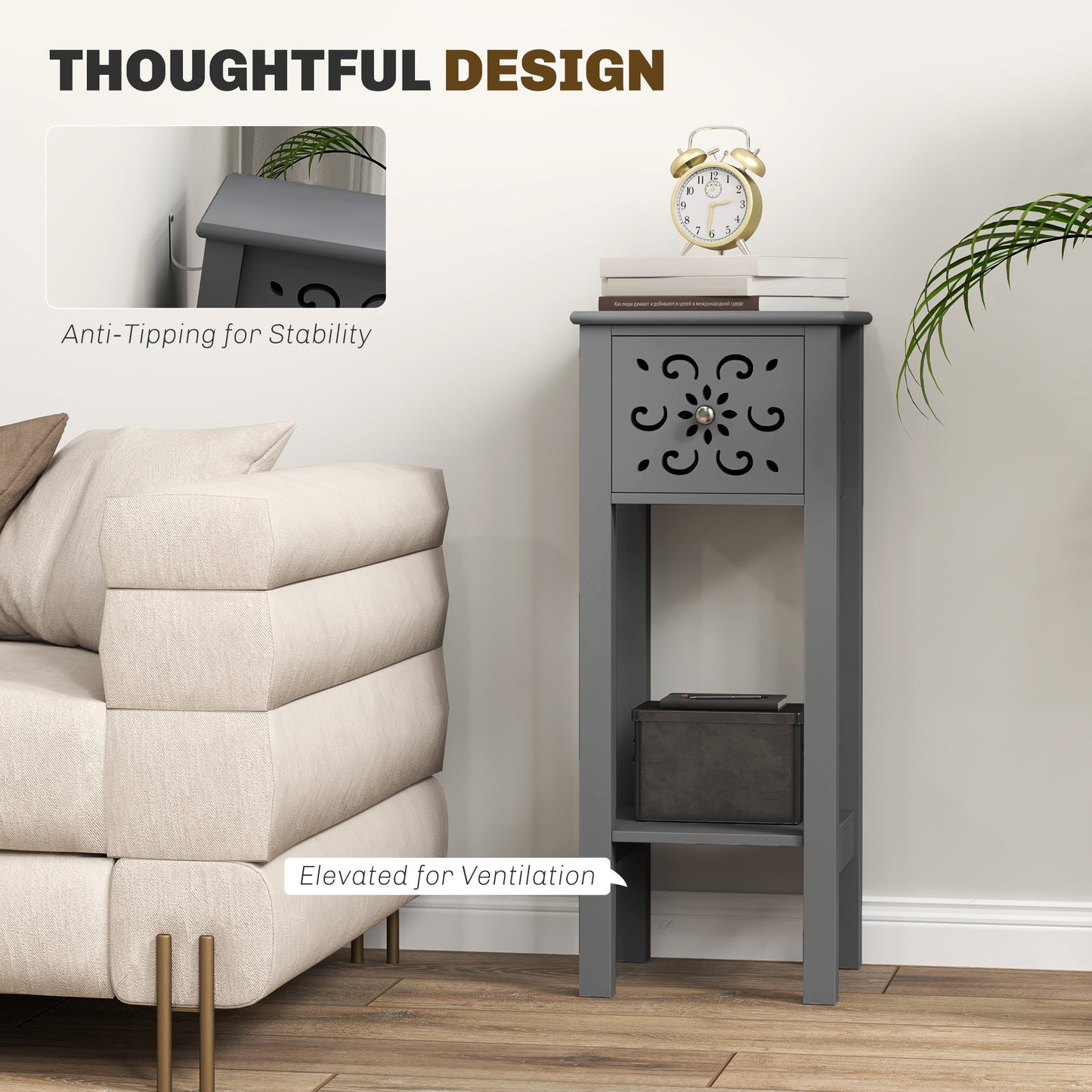 Set of Two Elegant Floral Cut-Out Side Tables - Grey