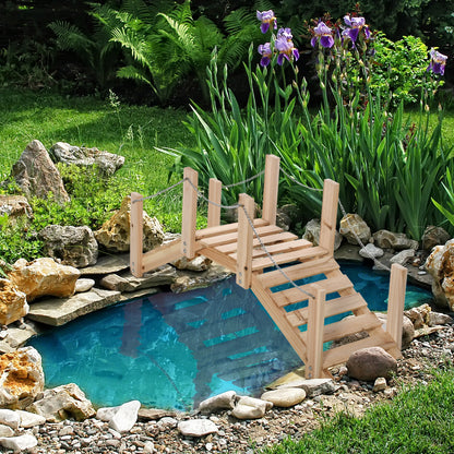 Small Fir Wooden Garden Bridge, Arch Walkway with Metal Chain Railings for Landscape Creek Pond, Natural Wood
