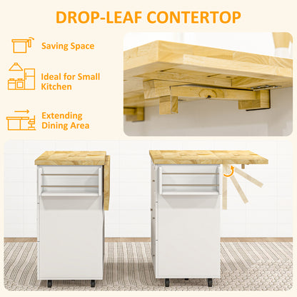 Kitchen Island on Wheels, Rolling Kitchen Storage Trolley with Drop Leaf, Drawers, Towel and Spice Rack, White