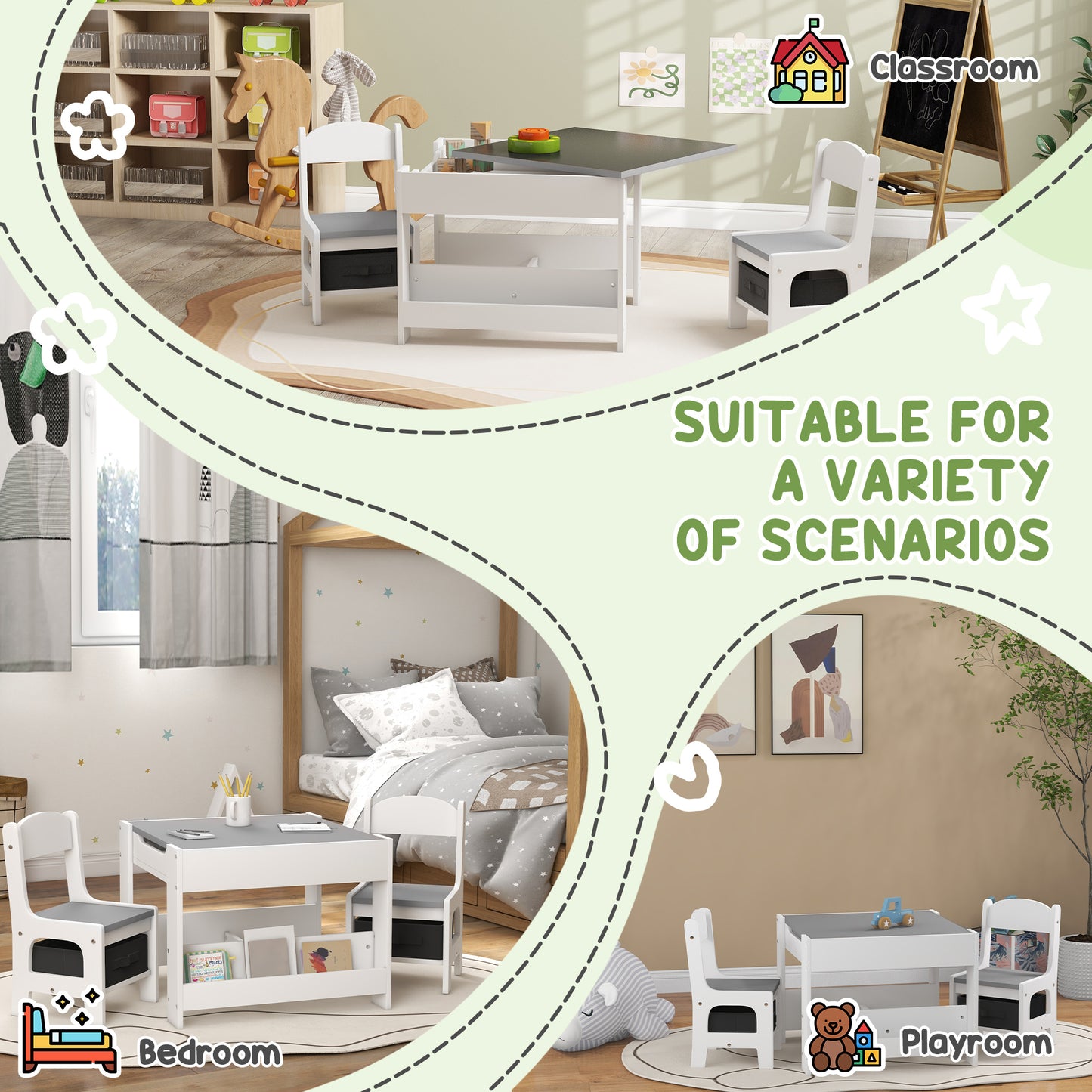 Three-Piece Kids Table and Chair Set with Blackboard, Storage, Bookshelves - Grey