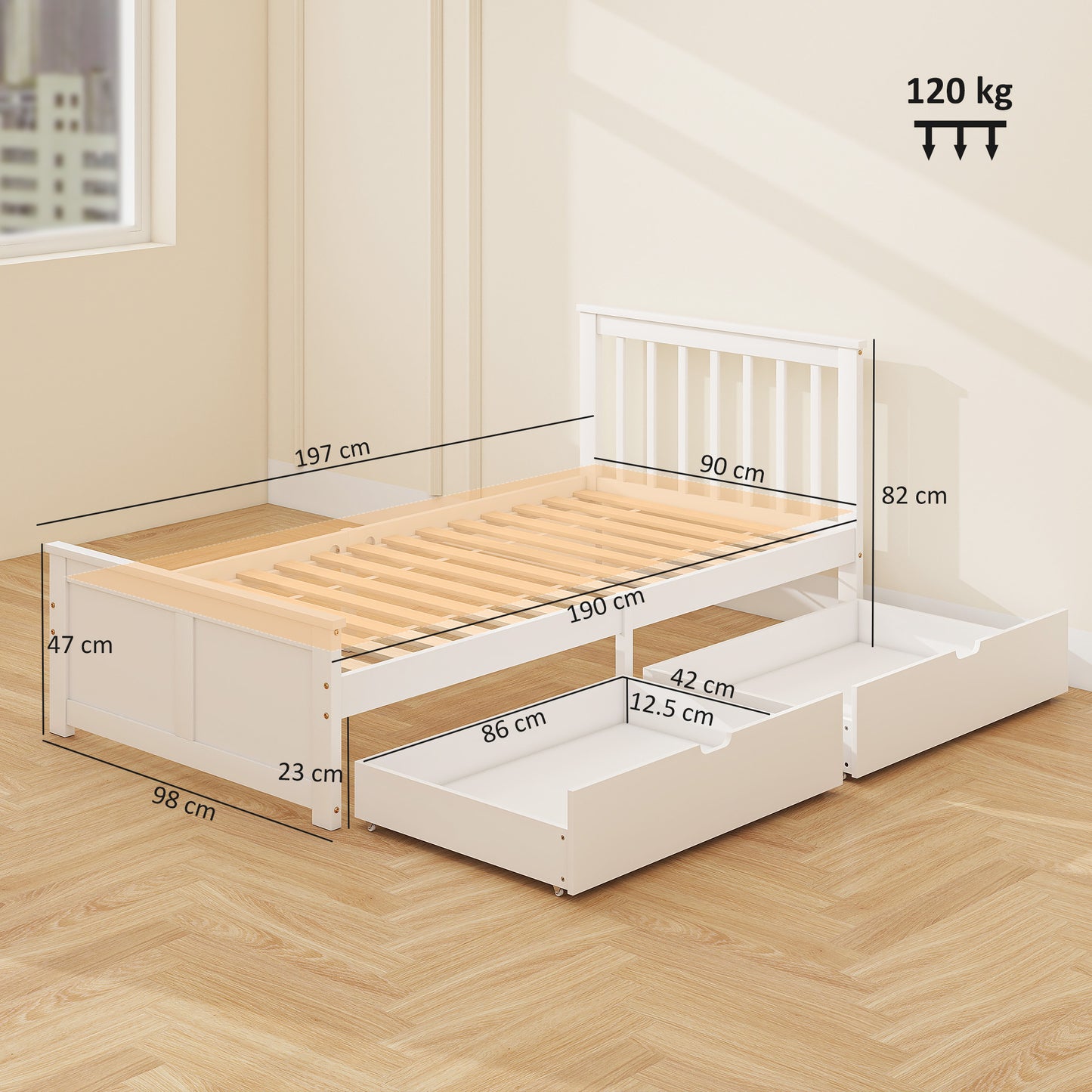 Wooden Single Bed Frame, with Drawers - White