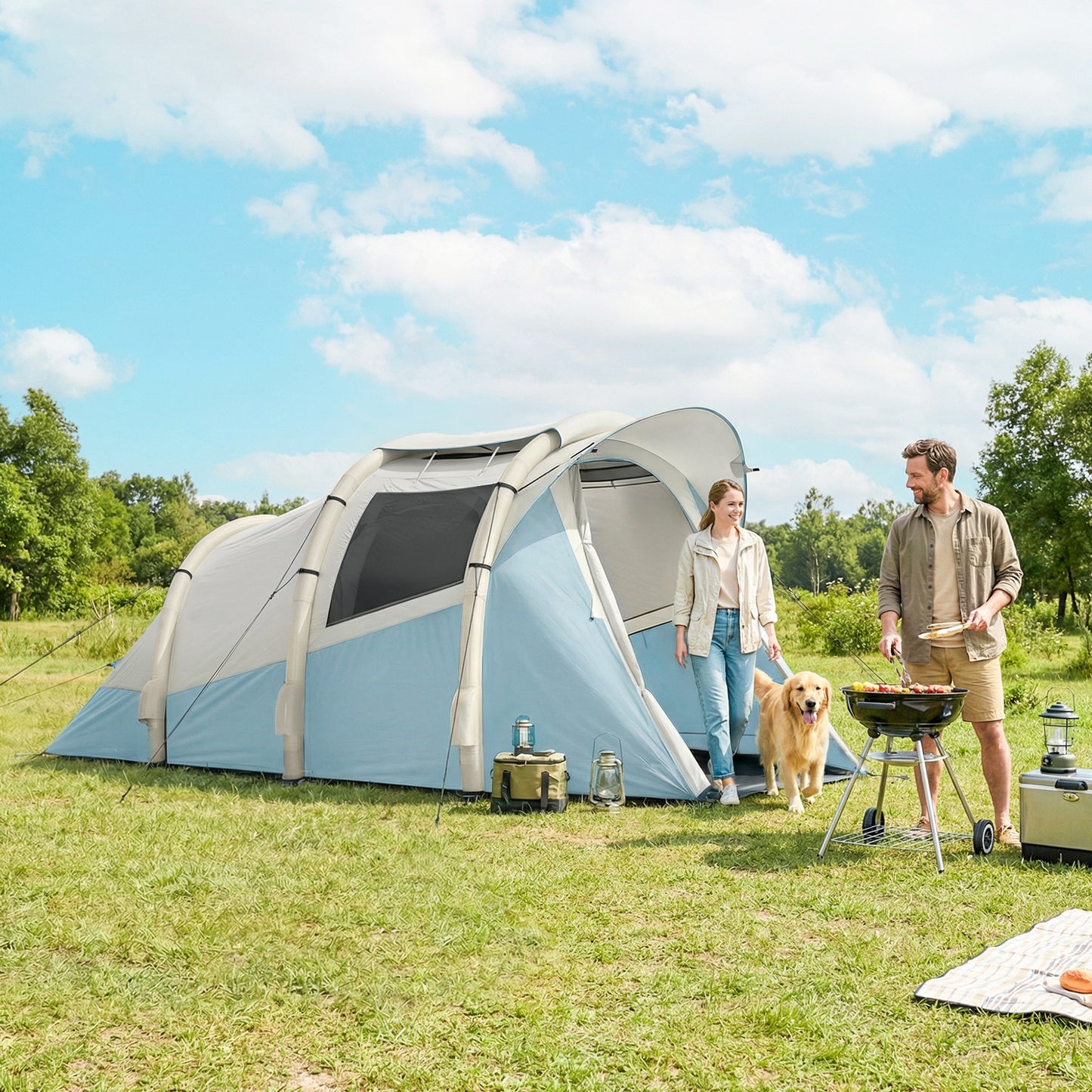 Inflatable Camping Tent w/ Air Pump, Easy Setup 2-3 Person Blow Up Tent, Light Blue