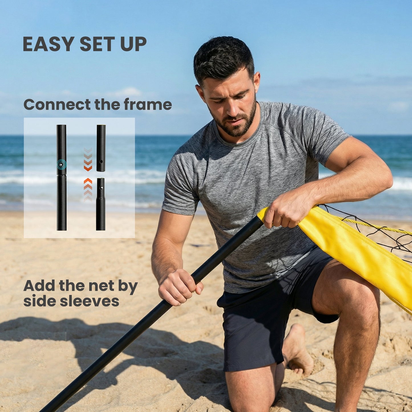 Portable Volleyball Net Set with Adjustable Height Steel Poles, Volleyball, Boundary Line and Carrying Bag for Beach