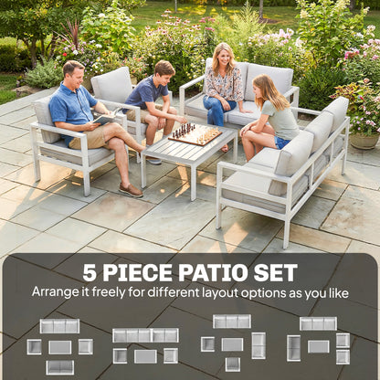 5 Pieces Aluminium Garden Furniture Set with Olefin Cushions, Extra Deep Outdoor Garden Sofa Set, White