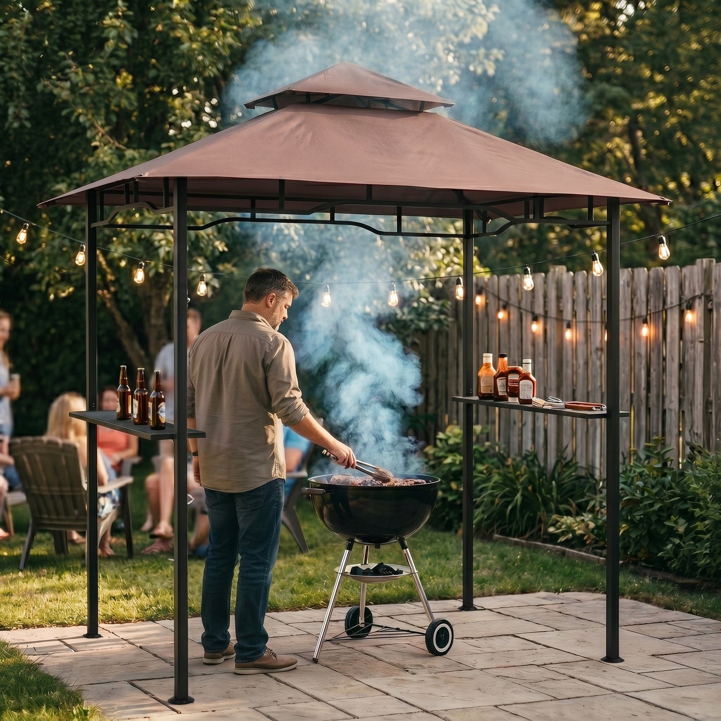 2.5x1.5m (8'x5') Grill Gazebo Canopy, Double Tiered Outdoor BBQ Gazebo Shelter with 2 Side Shelves for Garden, Patio