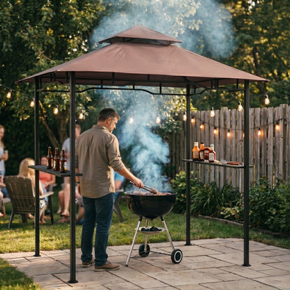 2.5x1.5m (8'x5') Grill Gazebo Canopy, Double Tiered Outdoor BBQ Gazebo Shelter with 2 Side Shelves for Garden, Patio
