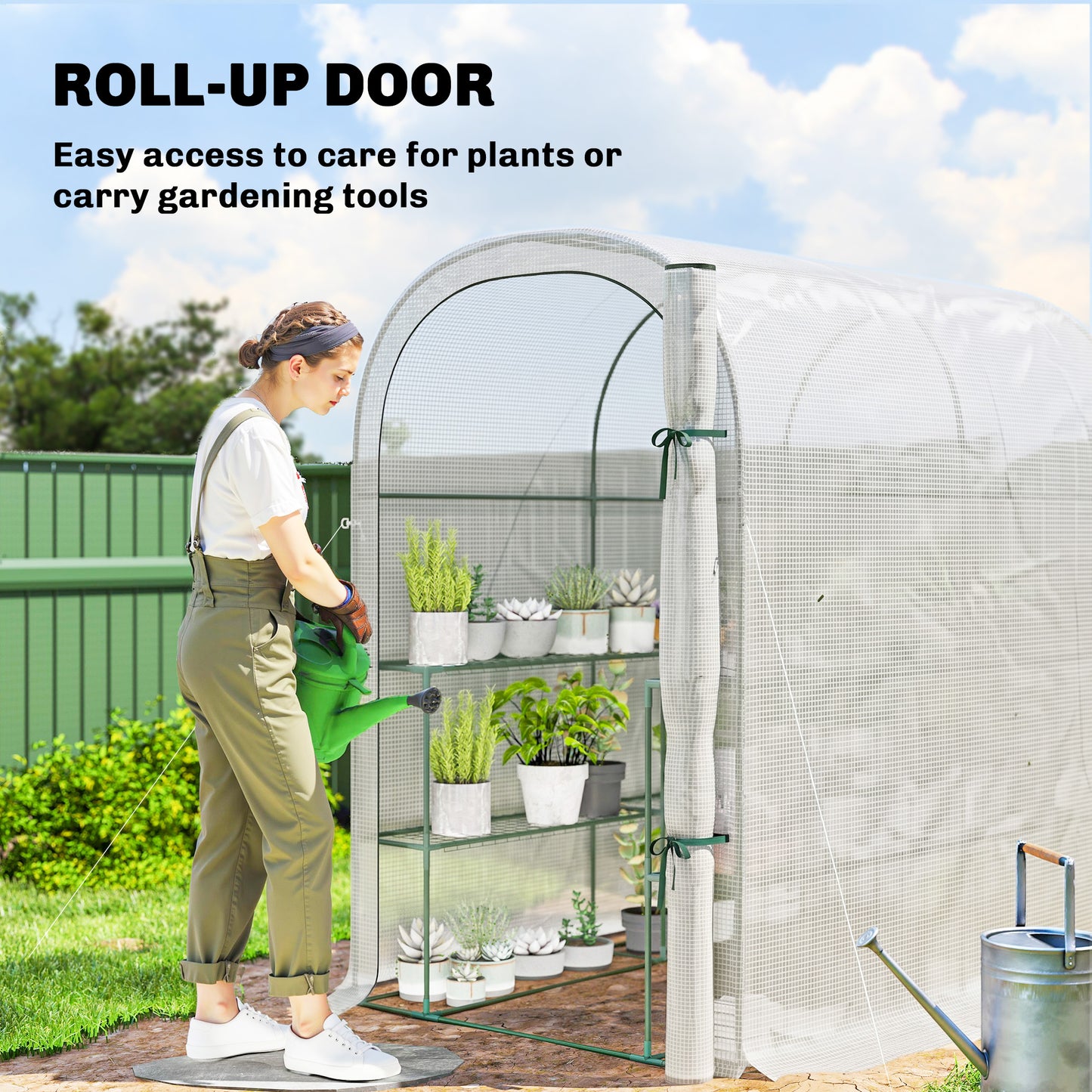 Walk-in Greenhouse with Shelves, Small Greenhouse with PE Cover and Roll-up Door, 123 x 187 x 189 cm, White