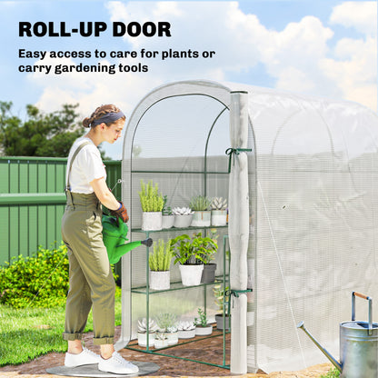 Walk-in Greenhouse with Shelves, Small Greenhouse with PE Cover and Roll-up Door, 123 x 187 x 189 cm, White