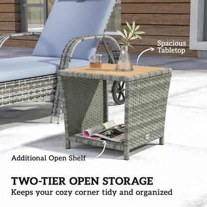 Side Table 2-Tier Outdoor Coffee Table with Storage Shelf PS Wood Slat Top/Light Grey