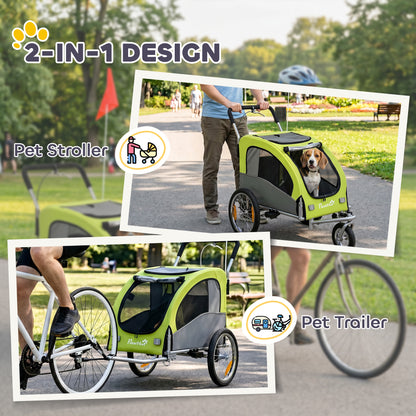 2 in 1 Dog Bike Trailer, Foldable Pet Stroller, Dog Bicycle Trailer with Suspension, for Medium Dogs up to 20kg, Green