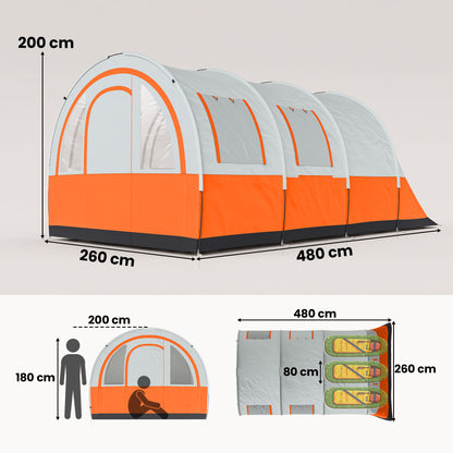 Three Man Duo Room Tunnel Tent, with Accessories - Cream/Orange