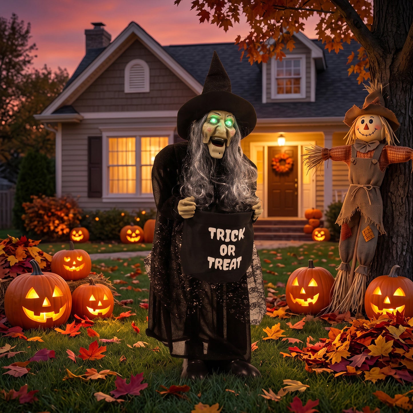 94cm Animated Witch Halloween Decoration, Scary Halloween Animatronics Decor with Sound Touch Activated & Light Up Eyes