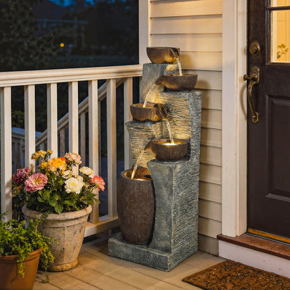 Outdoor Fountain with 5-Tier, Garden Fountain with LED Lights, Adjustable Flow, Grey and Rustic Brown