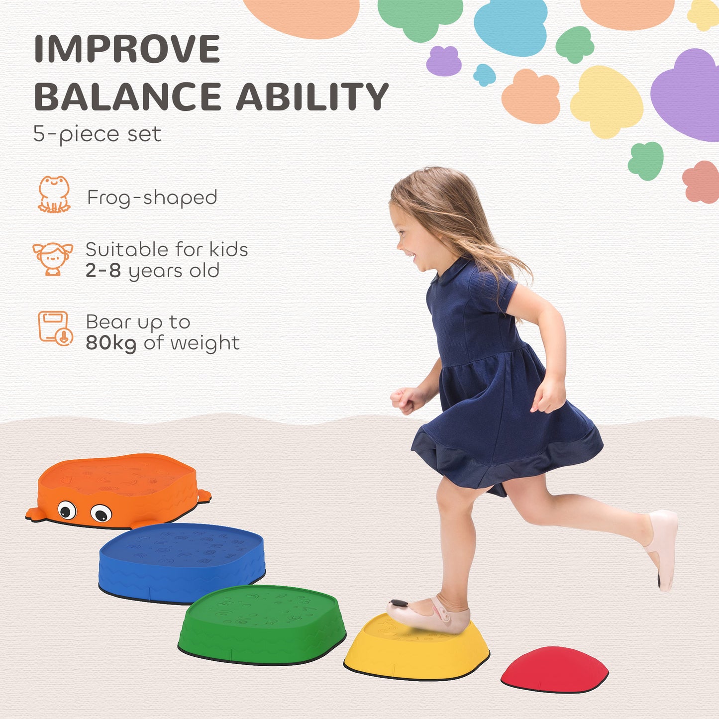 5PCS Sensory Stepping Stones for Toddlers, Frog-Shaped Kids Stepping Stones Set with Anti-Slip Edging for Ages 2-8