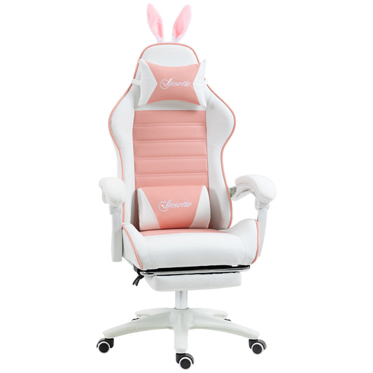 Racing Gaming Chair, Reclining PU Leather Computer Chair with Removable Rabbit Ears, Footrest, Headrest and Lumber Support