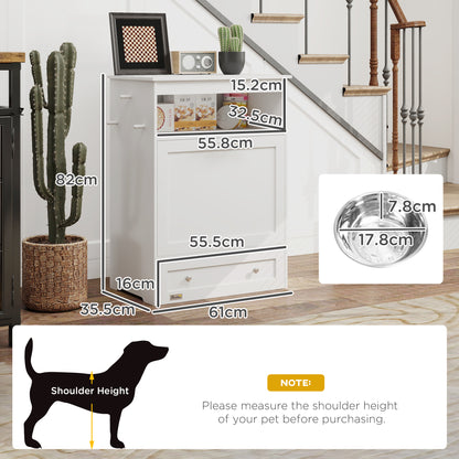 Pet Feeder Station, Dog, Cat Storage Container, with Raised Bowls, Hanger, Cabinet - White