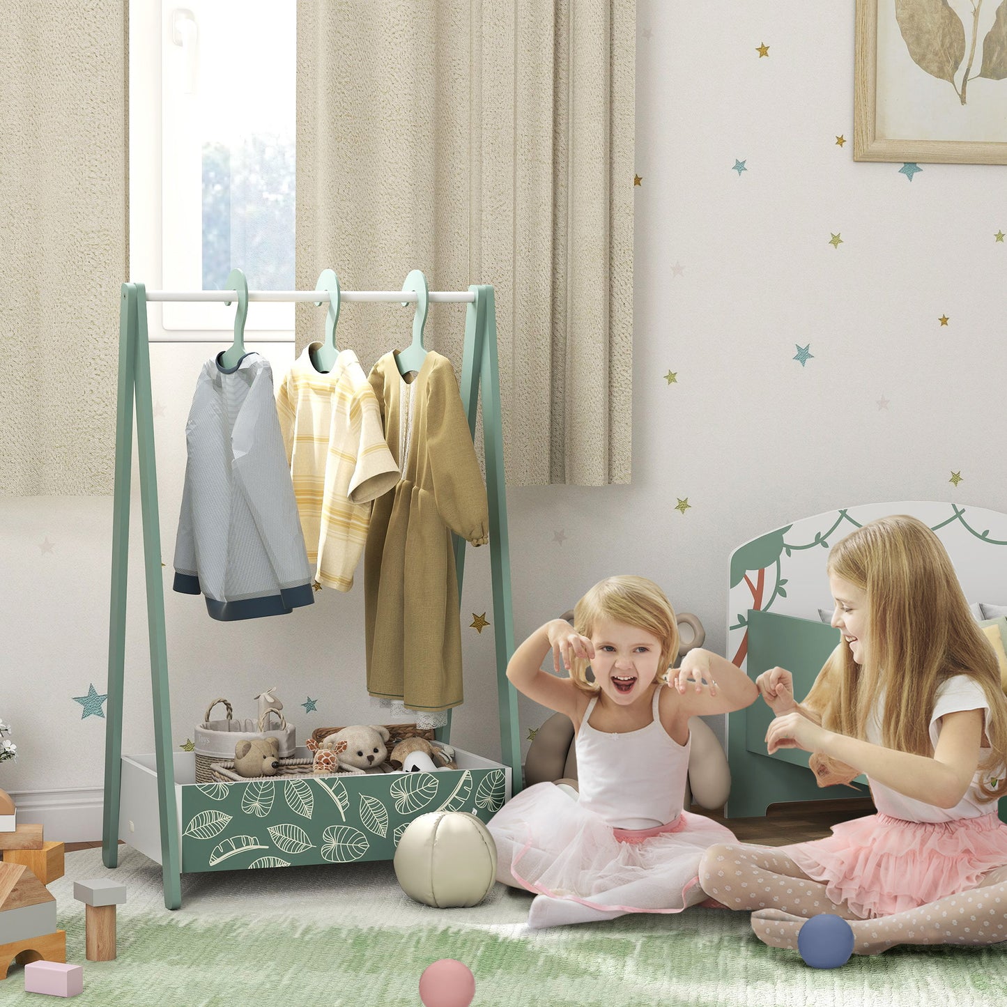Baby Clothing Rack with Hangers, Storage Shelf for Bedroom, Leaf Theme, for Ages 3-6, Green