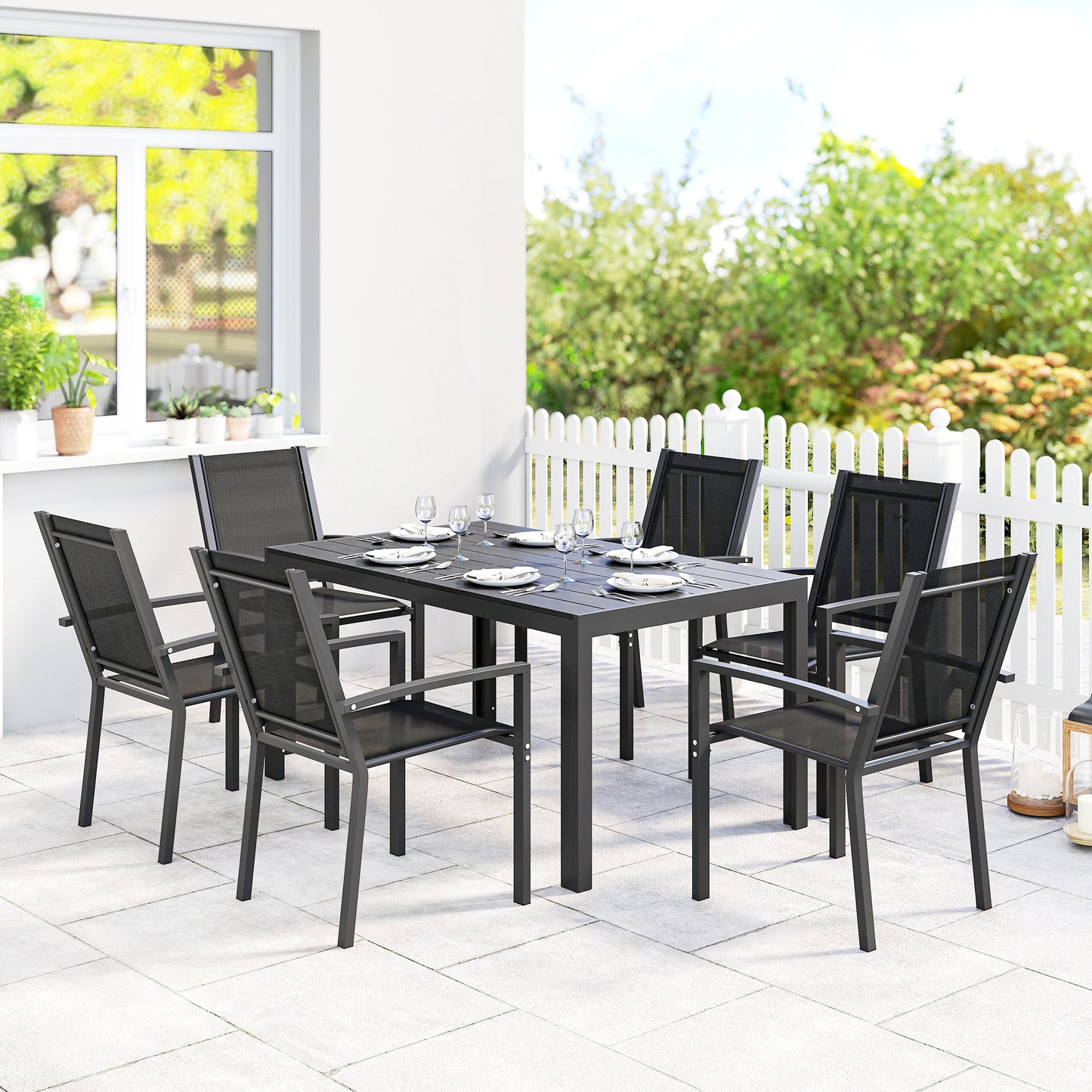 Seven-Piece Garden Dining Set, with Plastic Wood-Top Table - Black