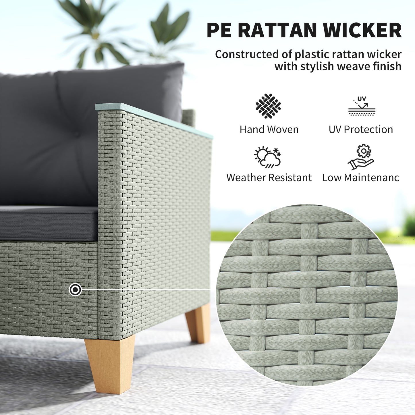 3 Pieces Rattan Garden Furniture Set, L Shaped Garden Conversation Chaise Lounge Furniture