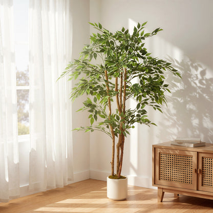 150cm Artificial Ficus Tree, Fake Potted Tree with Solid Wood Trunk and Pot for Indoor, Green