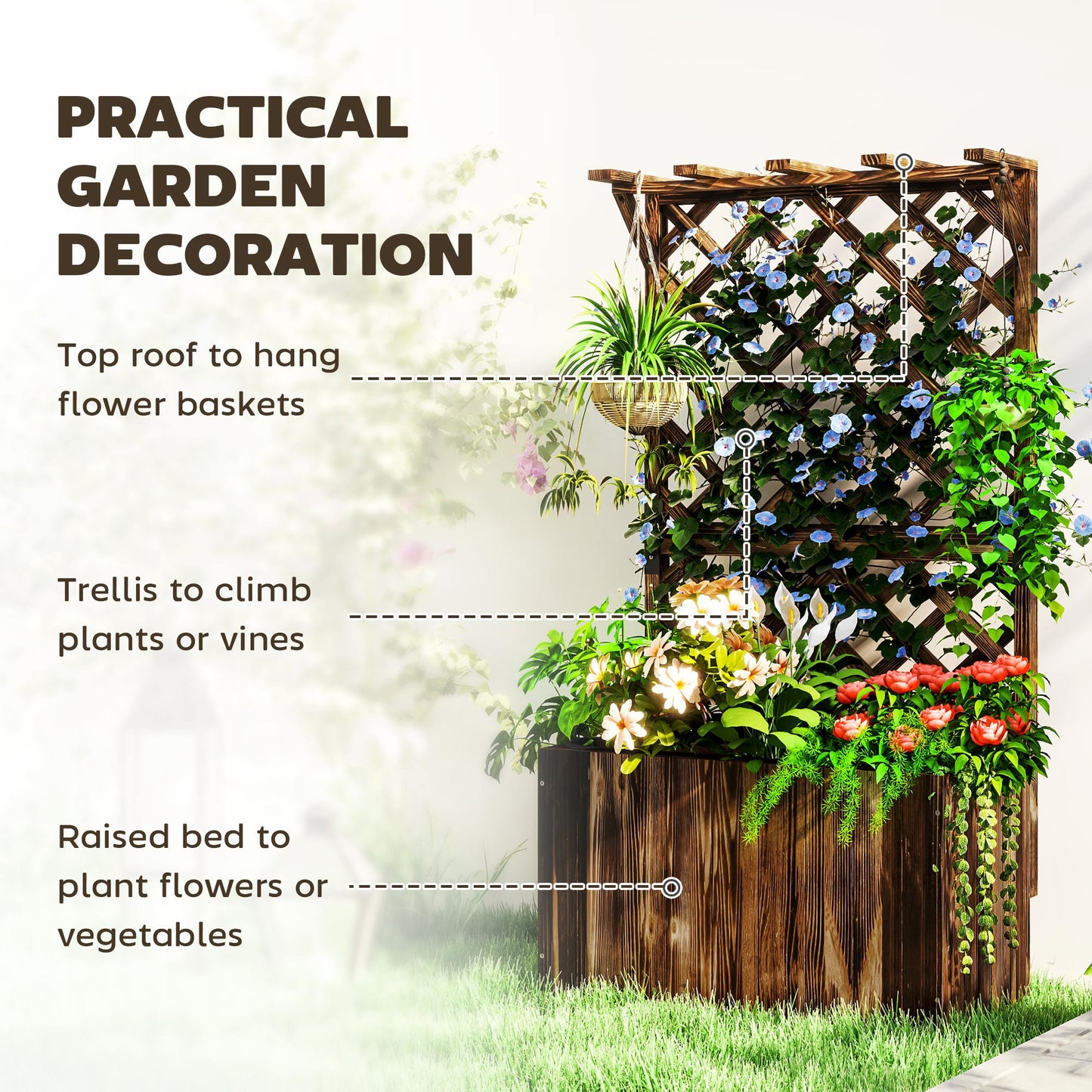 Wooden Planter with Trellis, Freestanding Raised Garden Bed with Drainage Holes