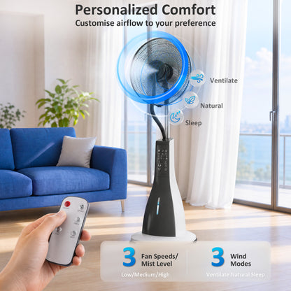 Pedestal Fan with Water Mist Spray, Spray Misting Fan with 75° Oscillation, Remote Control, Tilt Head, 3 Speeds, 3 Modes