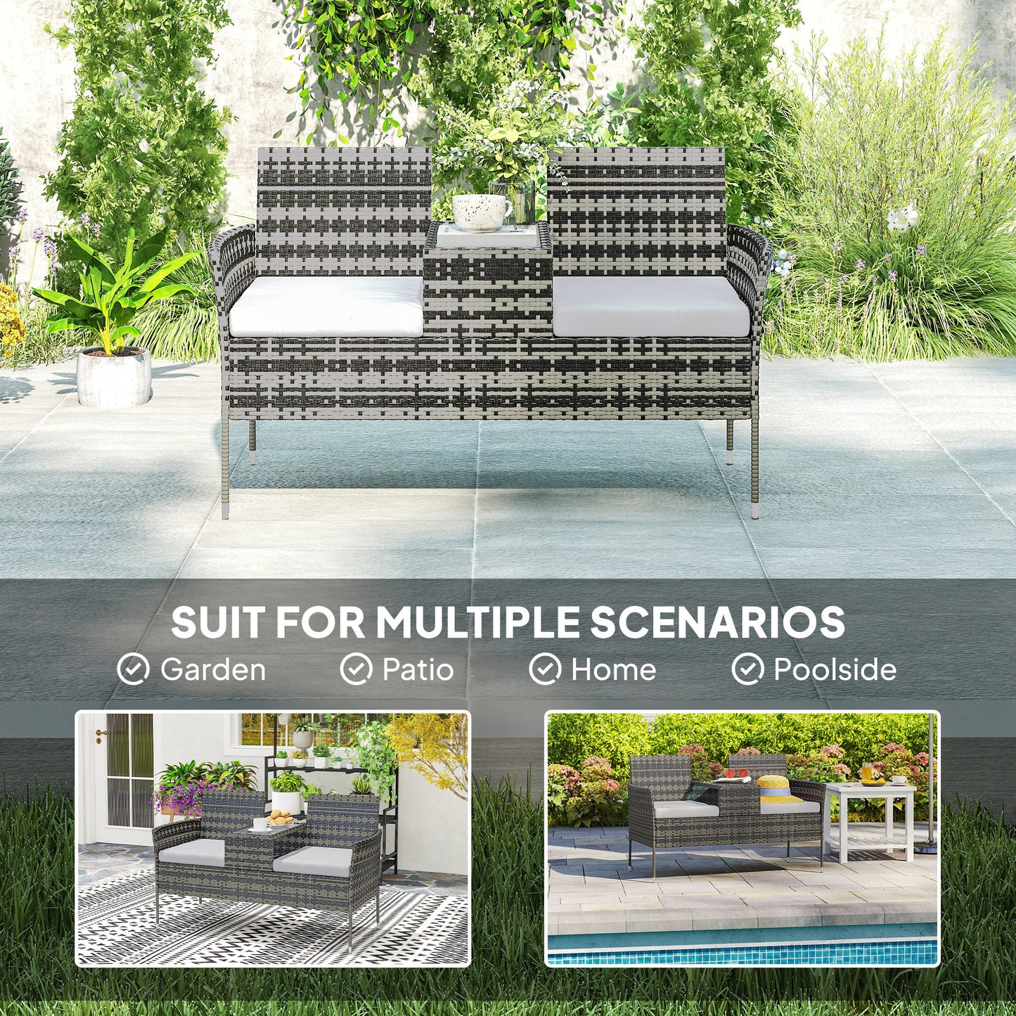 Two-Seat Rattan Chair, with Middle Table - Charcoal Grey