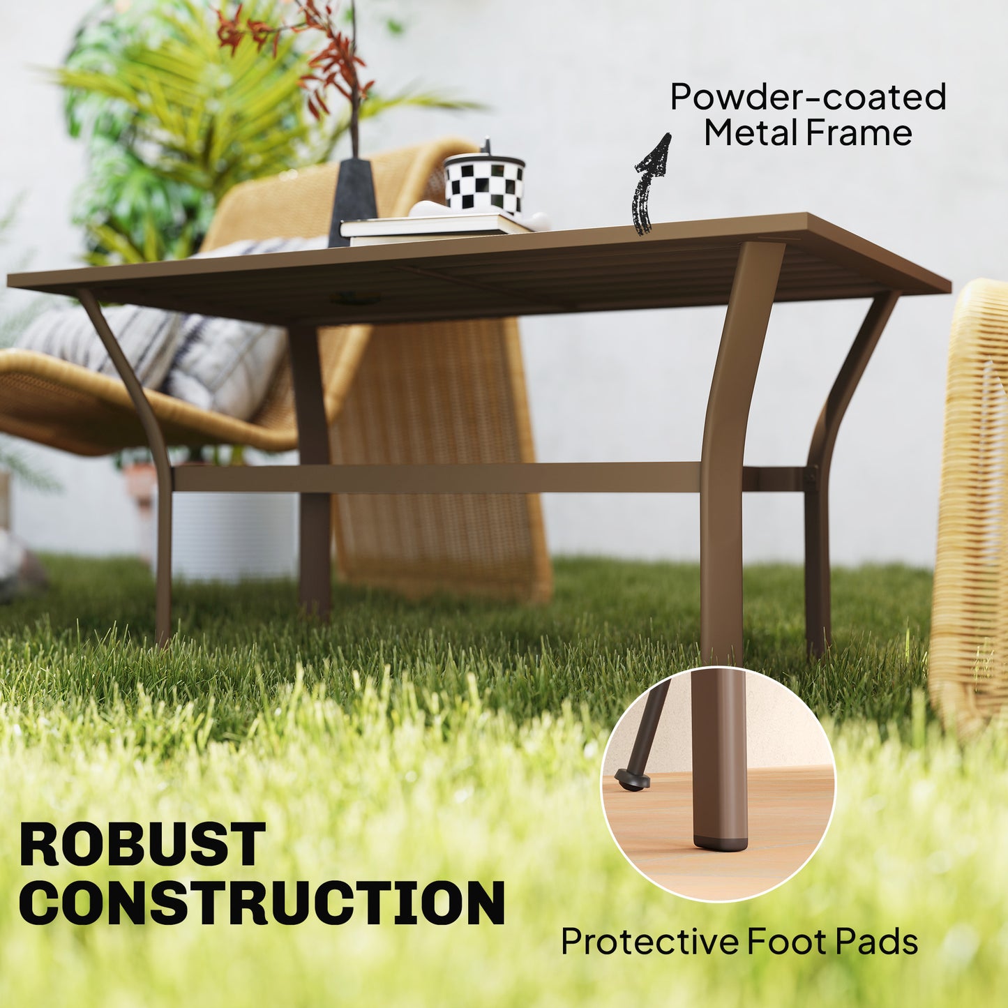 Metal Garden Coffee Table, Rectangular Outdoor Side Table with Slatted Tabletop, Foot Pads for Outside, Garden, Balcony