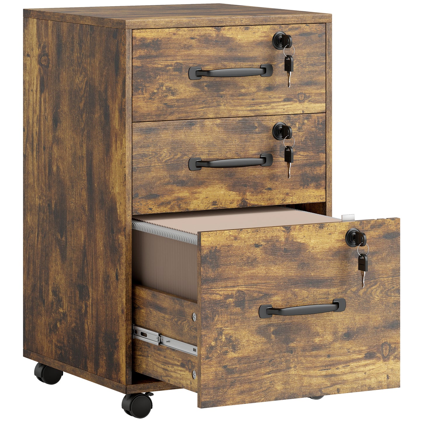 Three Drawer Wood-Effect Filing Cabinet - Rustic Brown